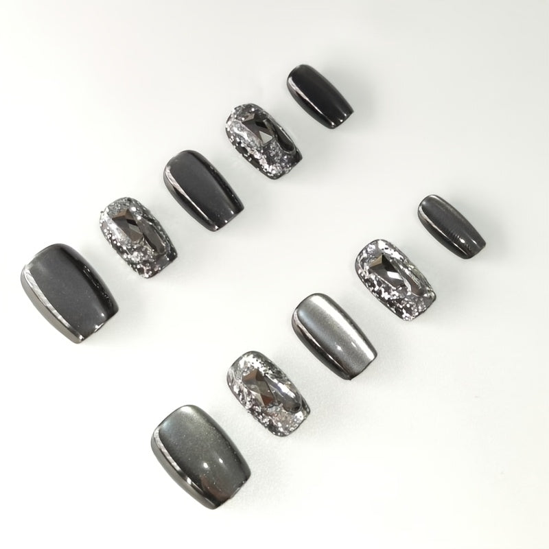 TEMU 30pcs Set Grey Mix Square Shaped Short Press-on Nails With Accents, Reusable Full Cover Glossy Colorblock Nail Tips For Women - Middle East