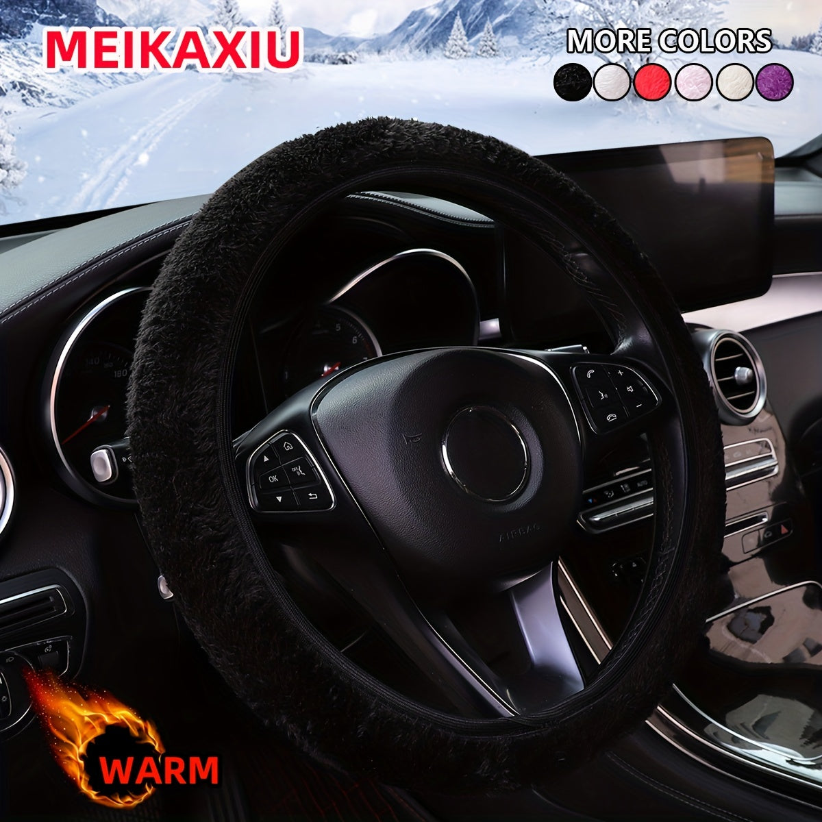TEMU Meikaxiu Winter Short Plush Car Steering Wheel Cover, 15-inch Universal D-shaped, Warm Hands, Black-red-purple-grey-beige-pink, Polyester
