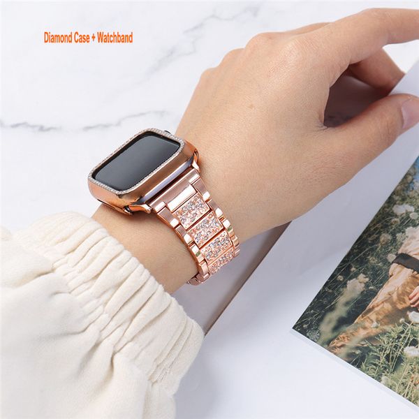 Bling Band & Cases Compatible with Apple Watch Series 9 8 7 6 5 4 3 2 1 for Women Girls Glitter Shiny Strap with Diamond Rhinestone Bumper C