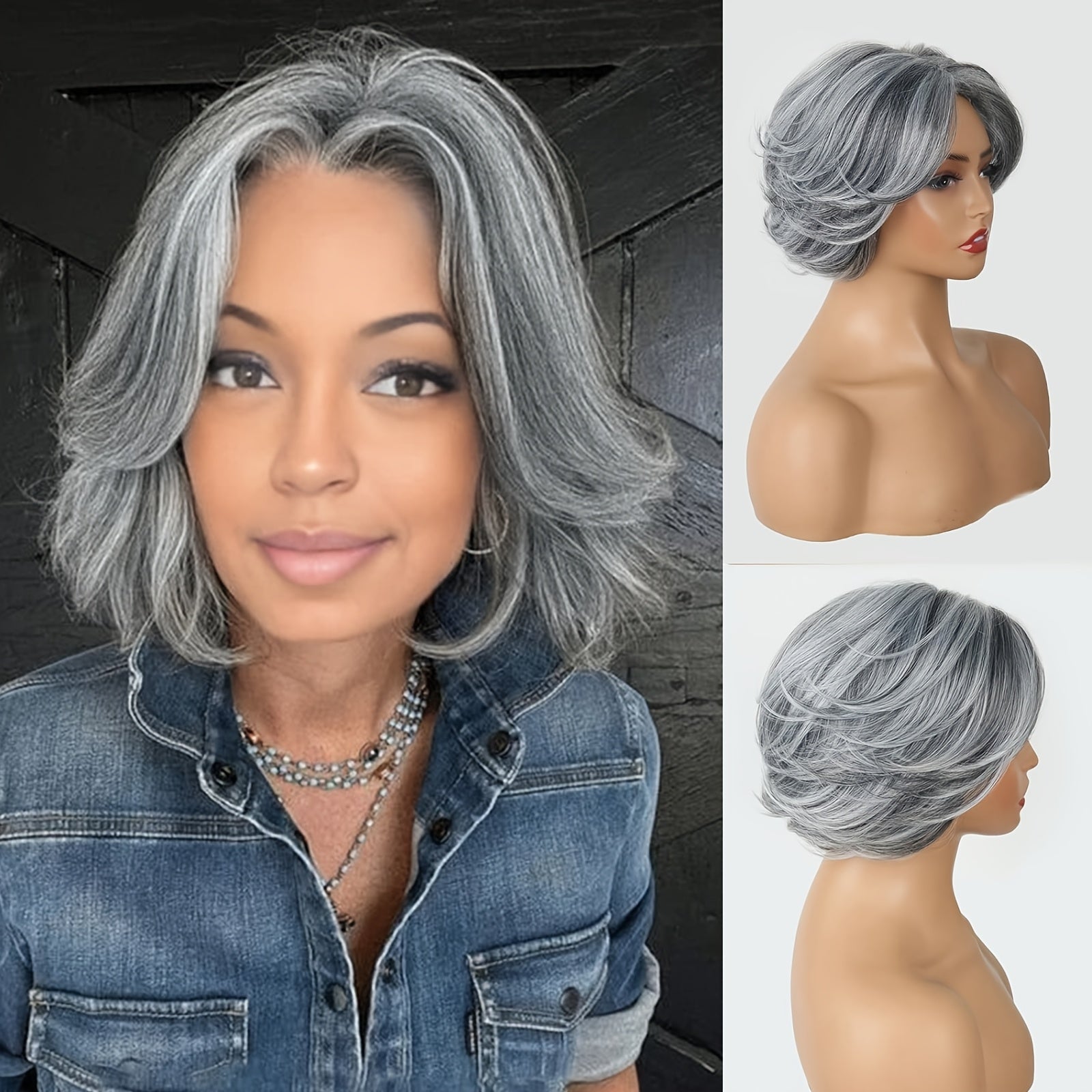 TEMU 12 Inch Grey Layered Bob Wig For Short Bob Wig With Curtain Bangs Cut Curly Wig Synthetic Wavy Wig Daily Party Cosplay Wig