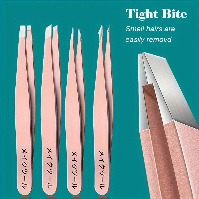 TEMU 4pcs Precision Stainless Steel Tweezers For Eyebrow Hair Facial Hair Removal, , Blackhead Slant Tip Angle Tip Pointed Tip
