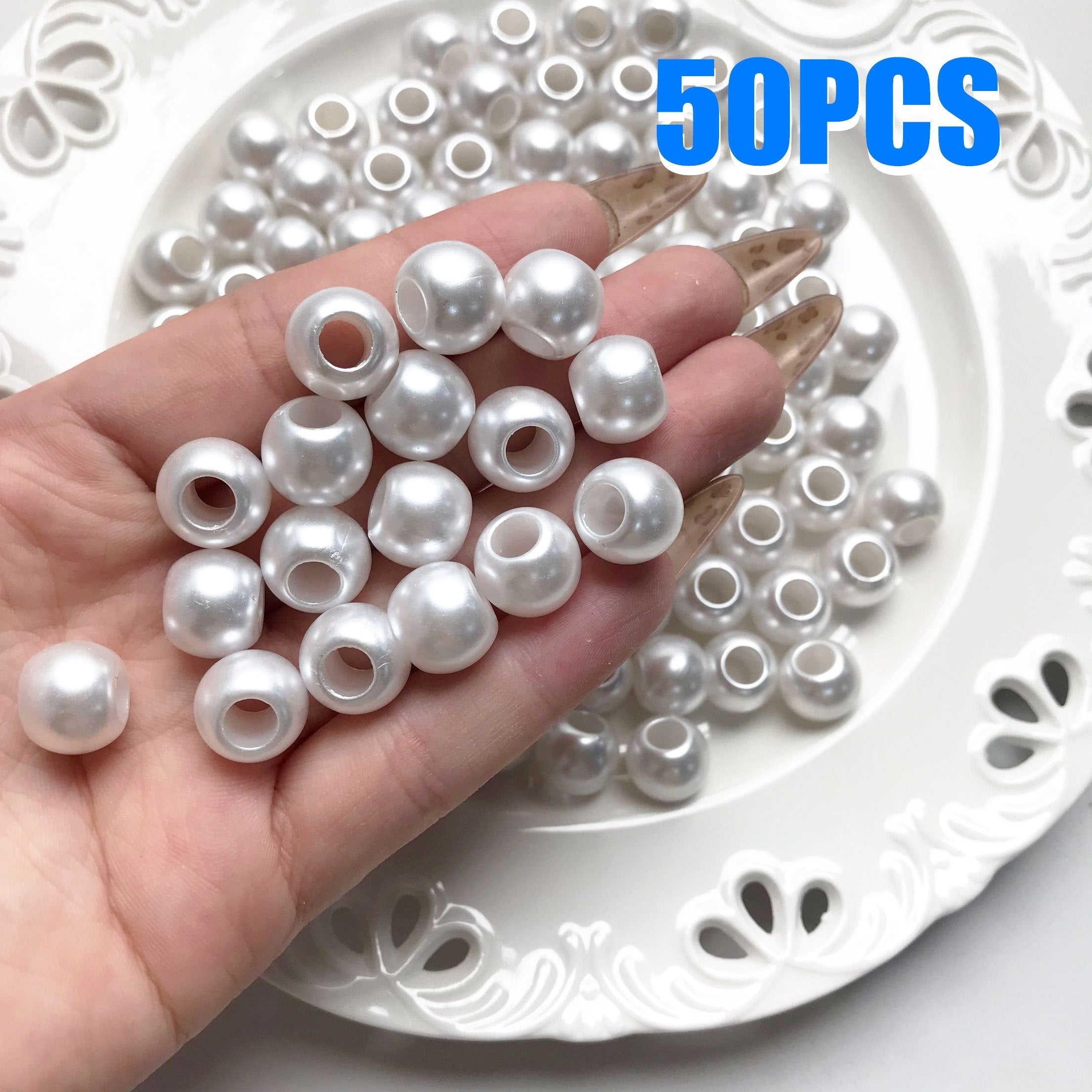 TEMU 50pcs 12mm Large Hole Acrylic Beads - Glossy White Round Pearlescent Finish, Making Kit For Bracelets & Earrings - Craft Supplies