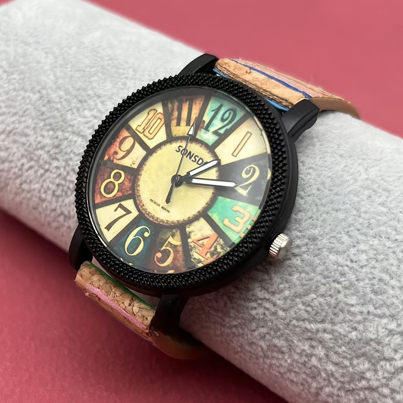 TEMU Vintage Style Wood Grain Wrist Watch, Fashionable Quartz Movement, Round Alloy Case, Leather Strap, Non-waterproof, Battery Powered With Button