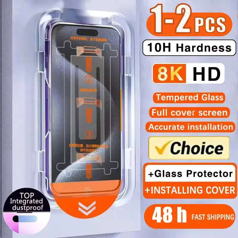 1-2pcs 8K HD Tempered Glass Film For IPhone 16 Pro Max 15 13 14 12 11 SE 2020 2022 Screen Protector XS XR 7 8 Auto-Dust Removal