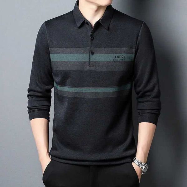 New Mens Spring Wear Polo Collar Striped Long Sleeved Top Autumn Loose Casual Business Commuter Versatile Bottom T-shirtX240912