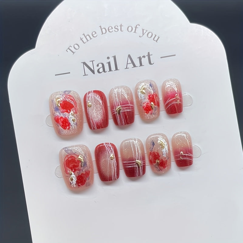 TEMU 30pcs Rose Press-on Nails - Watercolor Rose With & Golden Accents, Soft Pink To Red Gradient Glossy Short Oval Fake Nails For Weddings,