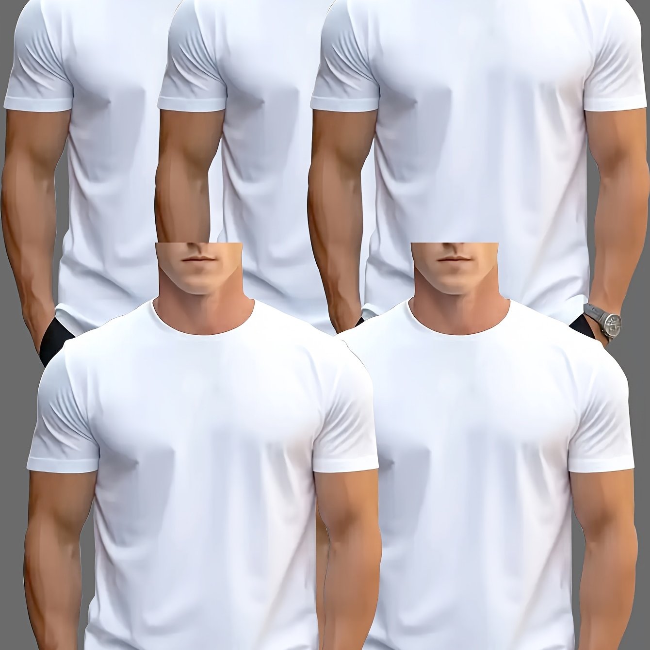 TEMU 5pcs Men's Casual Solid Color Lightweight Short Sleeve Crew Neck T-shirts, 100% Cotton Fabric, Slight Stretch, Ribbed Details, Spring And , For