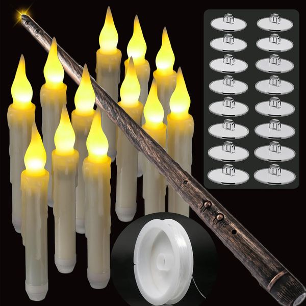 A set of 12-24 hanging floating candles with wand LED flashing candles flameless battery for Halloween and Christmas parties 240903