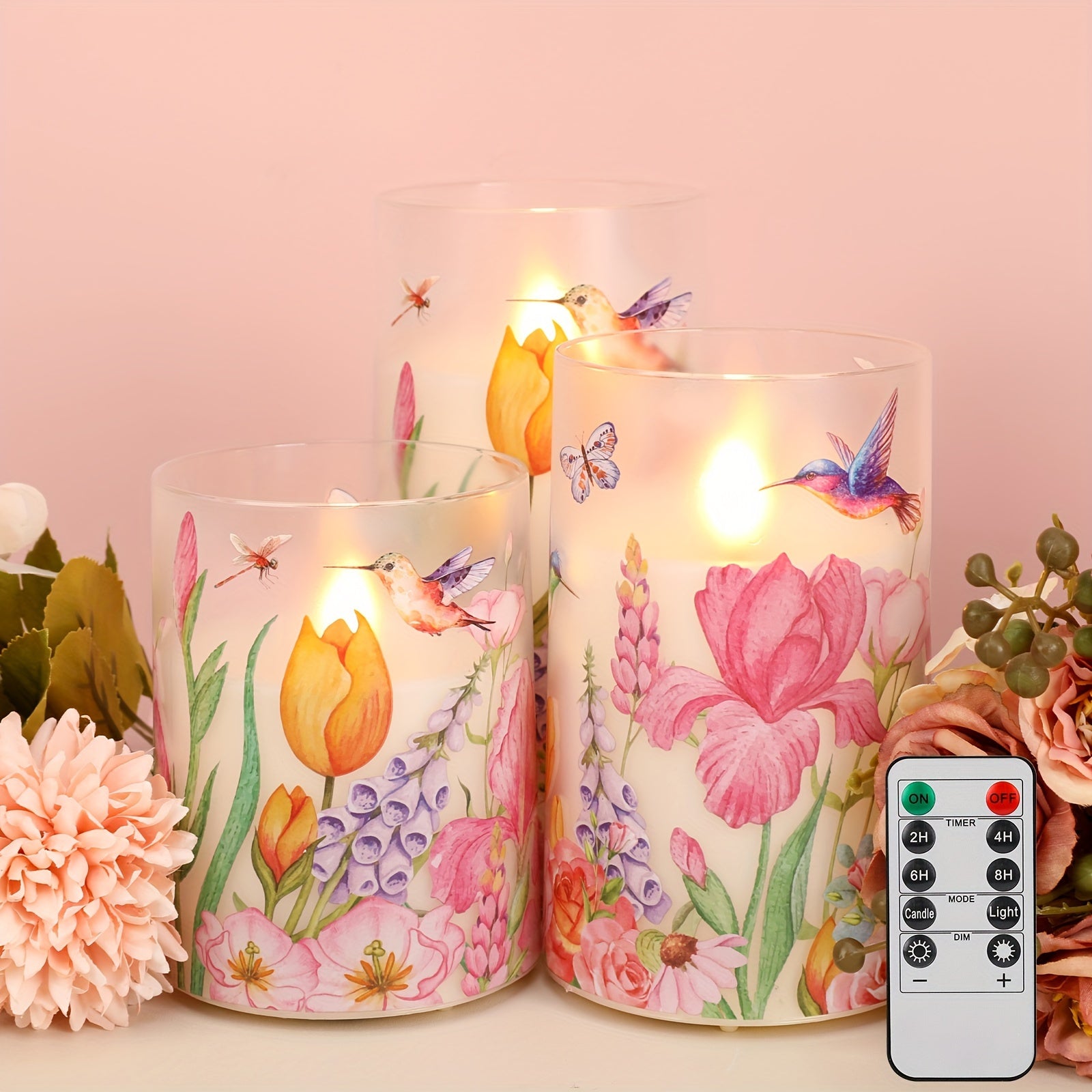 TEMU 3pcs Plastic Flameless Candles With Remote Control Timer, Battery Powered Candles Hummingbird Flickering Led Candles Floral Christmas Holiday
