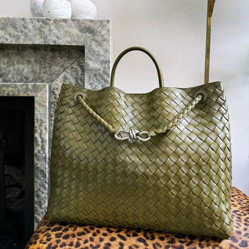 andiamo bag Designer Knitting Woven Top handle bag Large Brown Suede Tote Bag Handbag Crocodile leather signature knot detail and sliding cross-body