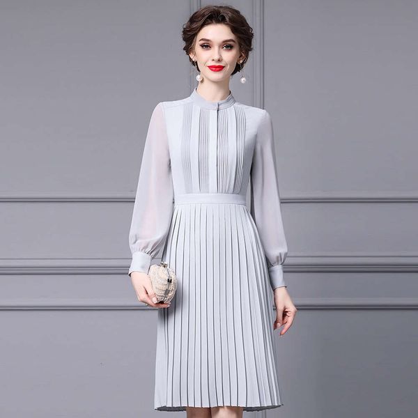 French Small Stand Up Collar Pleated Skirt with High-end Feel Waist Belt for Slimming Long Sleeved Dress Autumn 2024 New Item Pregnant Women