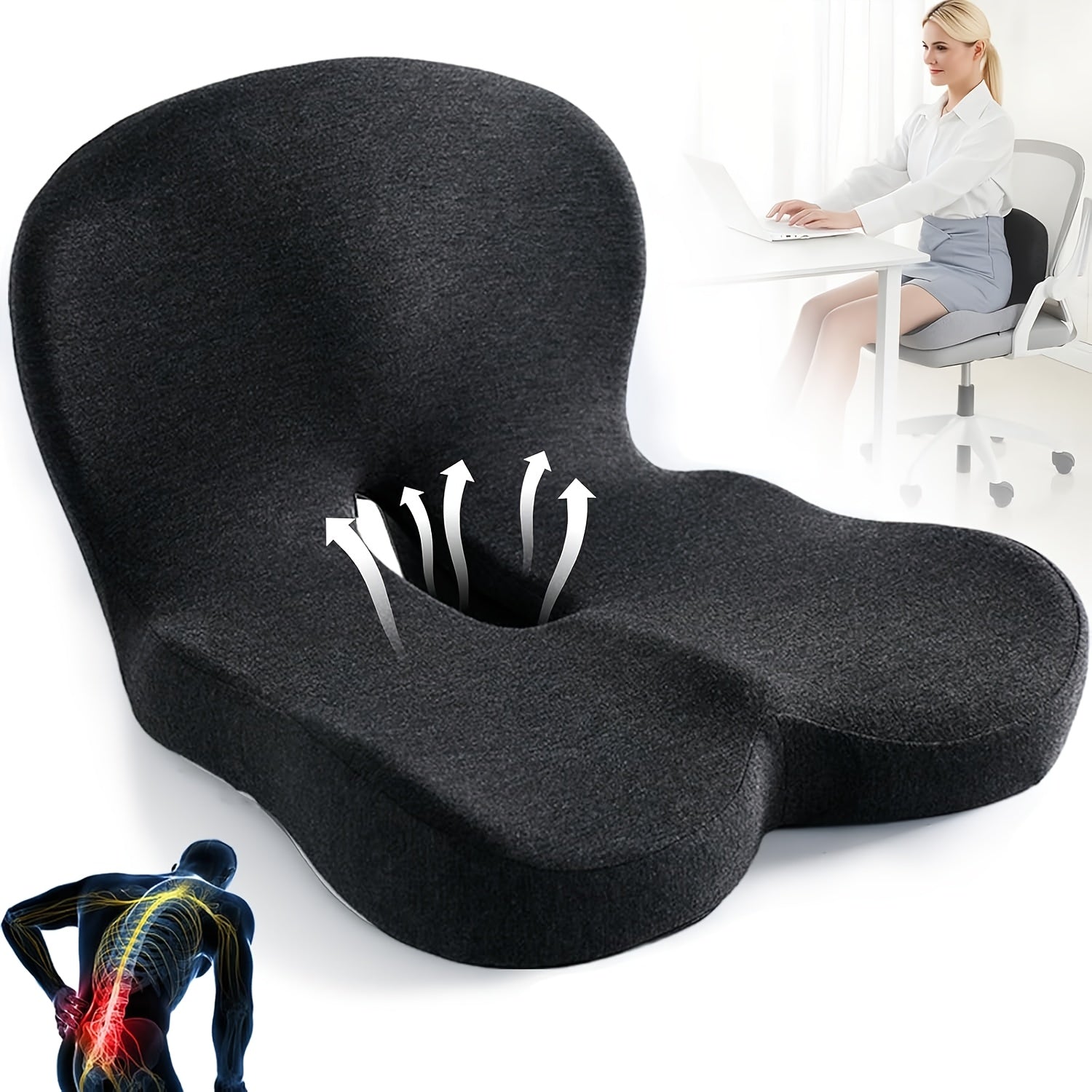 TEMU Ergonomic Back Support Seat Cushion For Office & Gaming Chairs - Breathable Mesh With 5-point Lumbar Support, 3d , Durable Polyurethane, Hand
