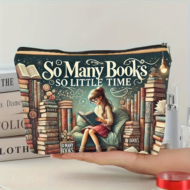 TEMU "so Many Books So Little Time" Book Cosmetic Bag - Lightweight Zippered Pouch With Double-sided Vintage Book & , Foldable Polyester Travel