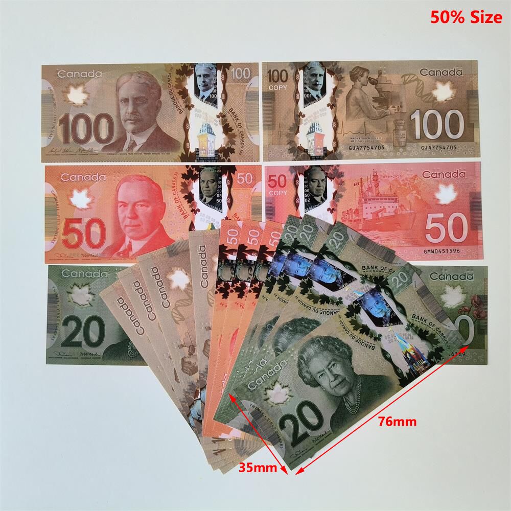 Prop Money CAD Games Plastic Canadian Money Prop Copy 20 50 100 CANADIAN DOLLAR CAD BANKNOTES Australian Pound PLASTIC MONEY MOVIE PROPS 78*33mm 50%