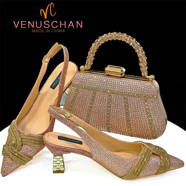 Chan Nigerian Womens Shoe and Bag Set Champagne Rhinestone Handbag Italian Wedding INS 2024 240926