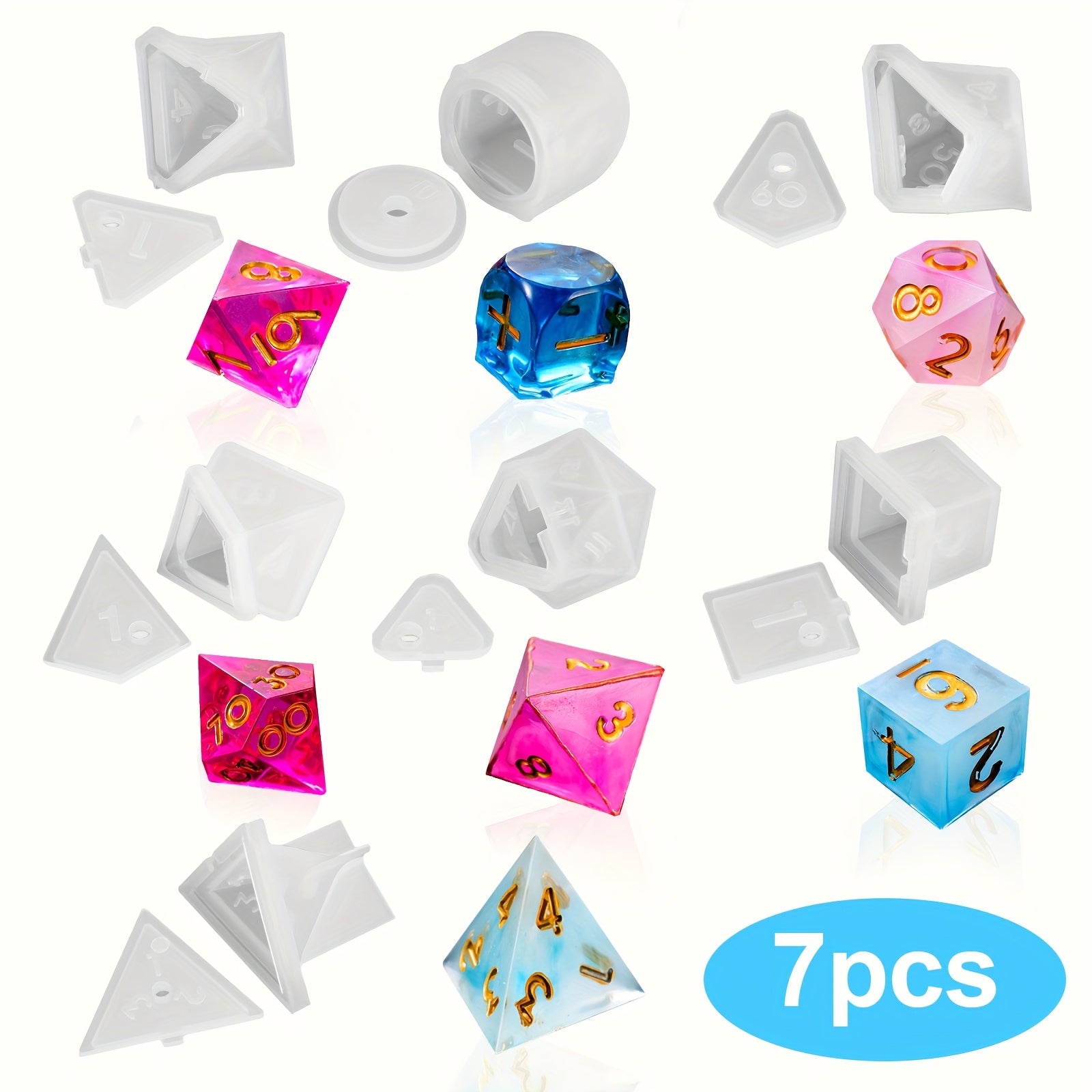 TEMU 7pcs Polyhedral Dice Molds, Silicone Resin Casting Molds For Diy Dice Making, Table Games Dice Mold With D2 D3 D4 D5 D6 D10 D13 Number, For Diy
