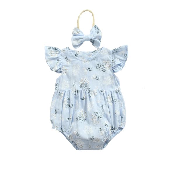 Baby jumpsuit with hair childrens floral print round neck flying sleeves summer blue-yellow 0-24 months 250208