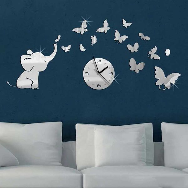 1Pcs Creative DIY Elephant Butterfly Mirror Wall Clock 3D Fashion Home Decoration Wall Sticker Clock Art Mute Wall ClockXJ240814