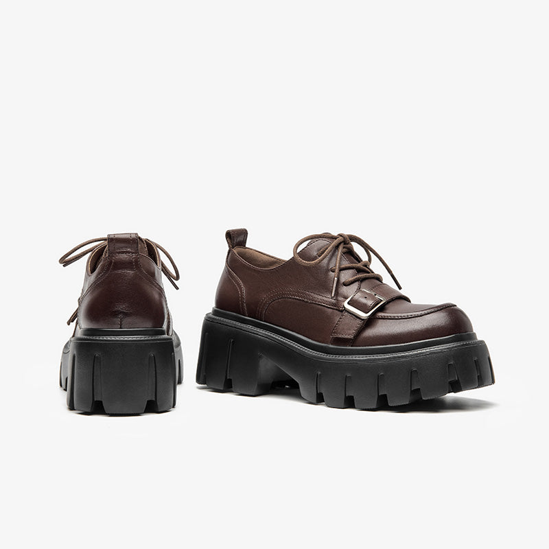 2025 newShoes Women Leather Belt Buckle Thick Sole Solid Color Lace-Up Autumn Ladies Oxfords Handmade