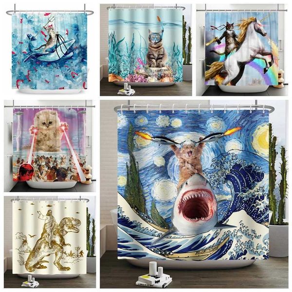 Hero Great White Shark Gun Cat Fun Shower Curtain Bathroom Cover Bathroom Cover Extra Wide 12 Hooks W240808