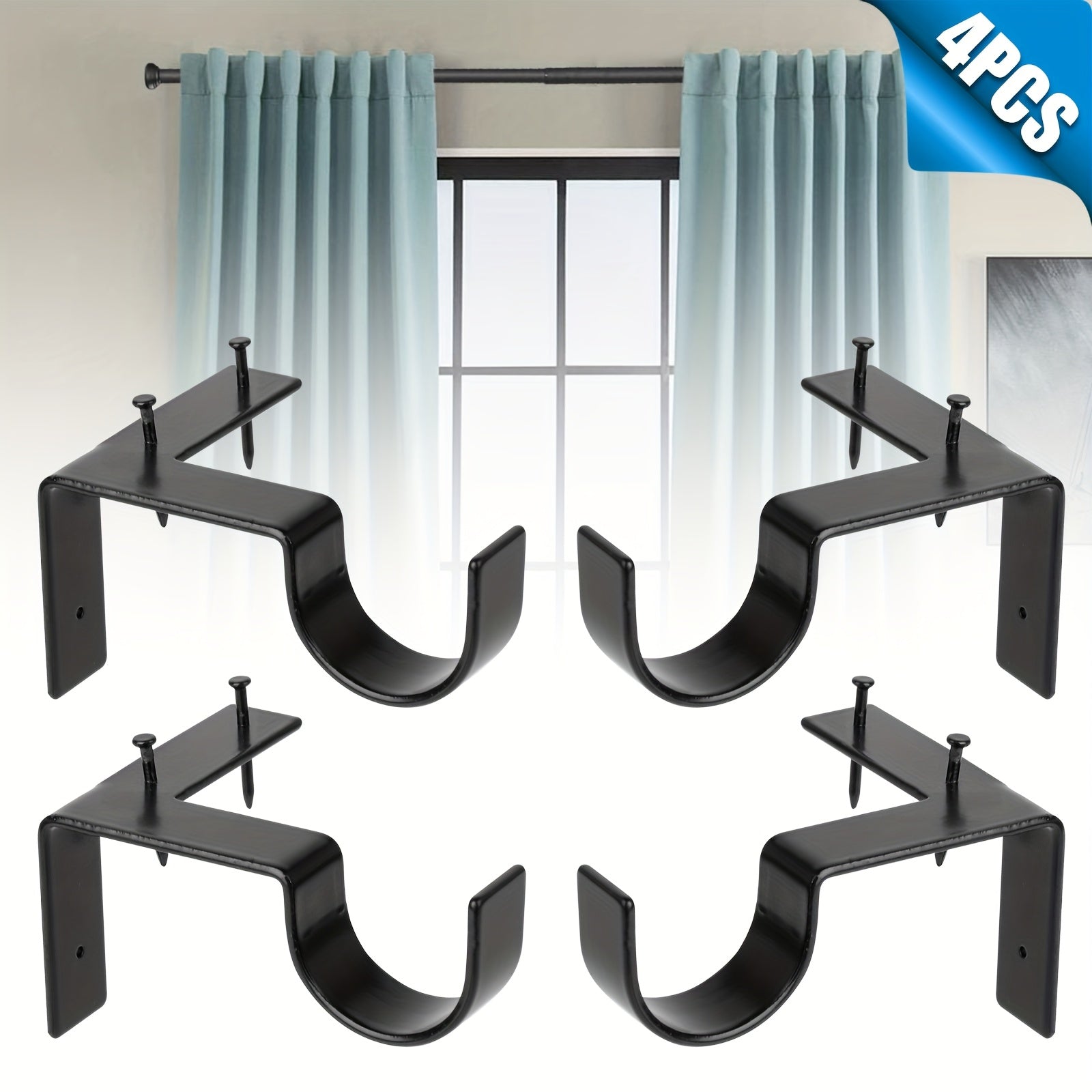TEMU 4pcs No-drill Curtain Rod Bracket, Adjustable Curtain Rod Holder With , Heavy-duty Window Curtain Support With Wall-mounted Design, Ideal For