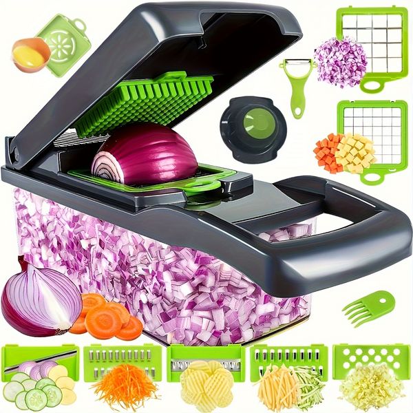 16-Piece Multifunctional Vegetable Chopper Set Kitchen Essential for Fruit Onion Mincing and Potato Shredding Interchangeable Blades Contain