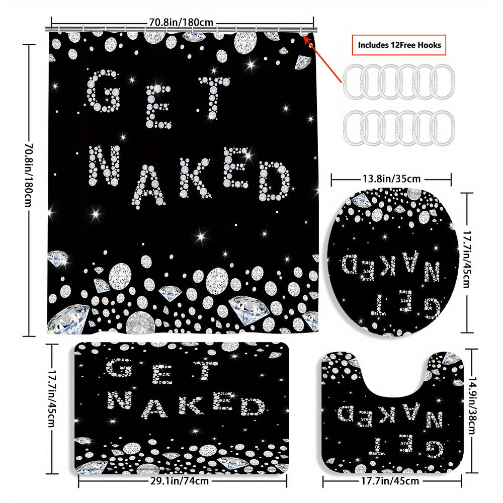 TEMU 4pcs Diamond Text Curtain Shower Curtain Decoration, Beautiful Housewarming Gift Decoration, Waterproof Shower Curtain And Toilet Floor Mat