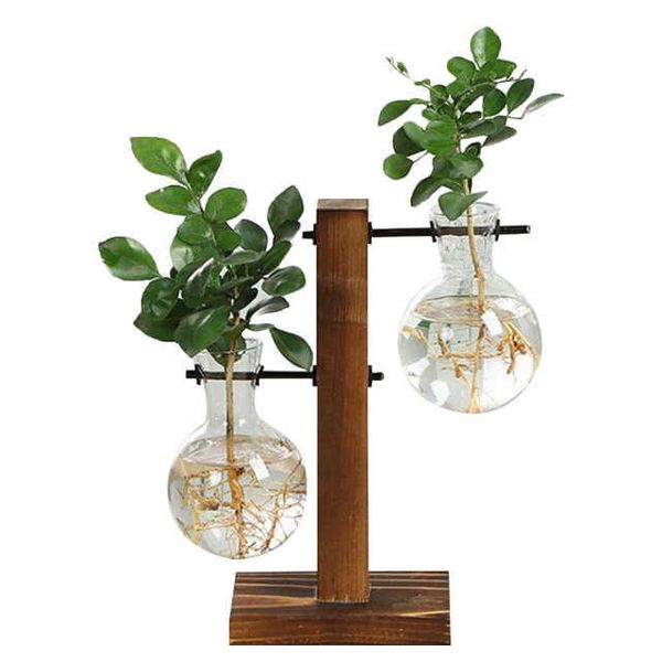 Vases Terrarium Vasevase Decoration Home Bonsai Flower Plant Vases Vintage Flower Pot Transparent Wooden Frame Glass Tabletop Plants P230411