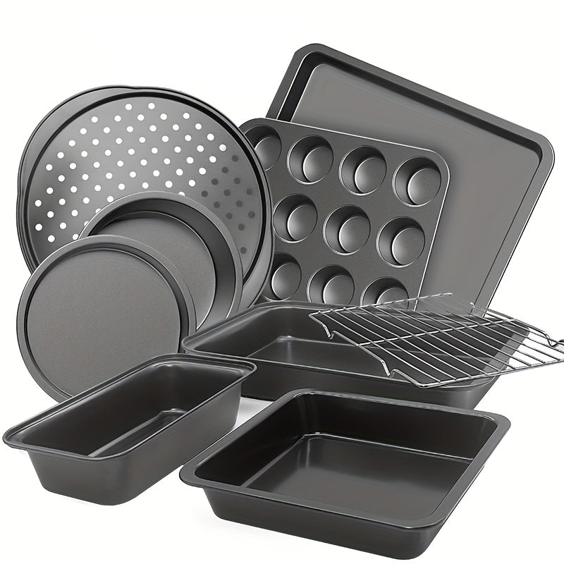 TEMU Black Baking Utensil Set With Mesh Rack, Cookie Sheet, Cake Pan, Bread Pan, Muffin Pan, Pizza Pan & Broiler Pot – Practical Kitchen Tools For