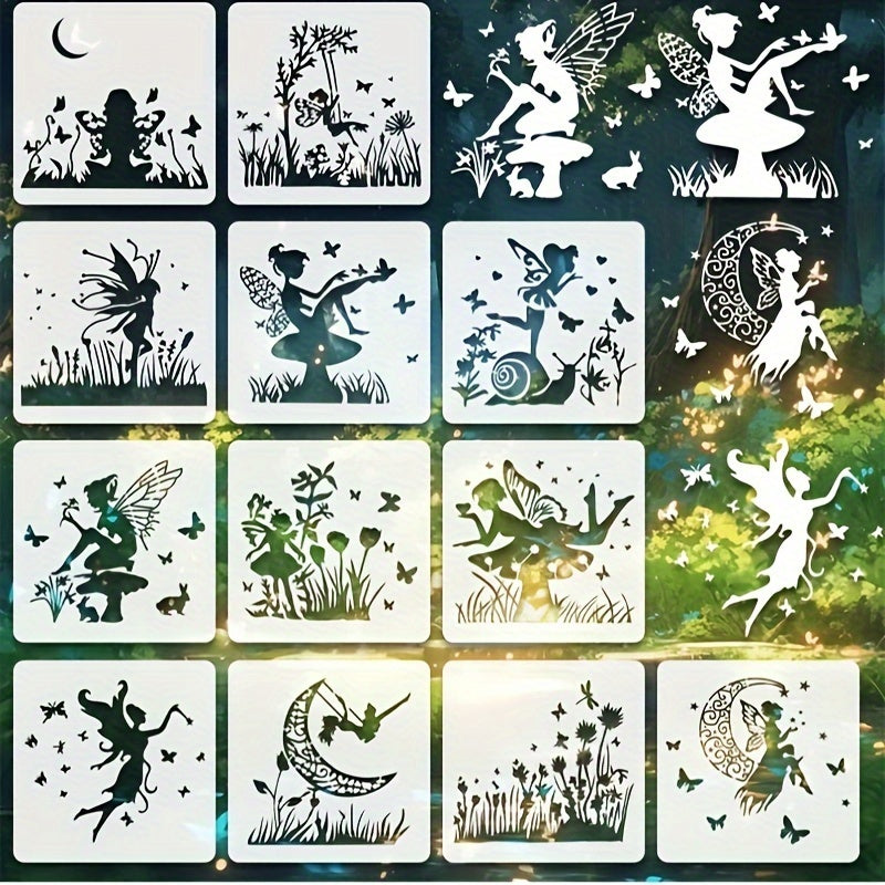 TEMU 12pcs Reusable Flower Fairy Stencils For Diy Crafts, Scrapbooking & Wood Painting - Plastic Art Templates, Art Crafts, Scrapbooking