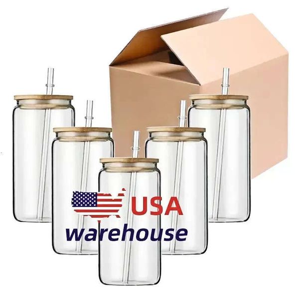 USA Bottles 16Oz Warehouse Water DIY Blank Sublimation Can Tumblers Shaped Beer Glass Cups With Bamboo Lid And Straw For Iced Coffee Soda