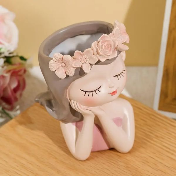 1pc Resin Flower Vase with Adorable Girl Figurine - Stylish Pink Floral Decor for Home - Handcrafted Table Centerpiece & Indoor Accent