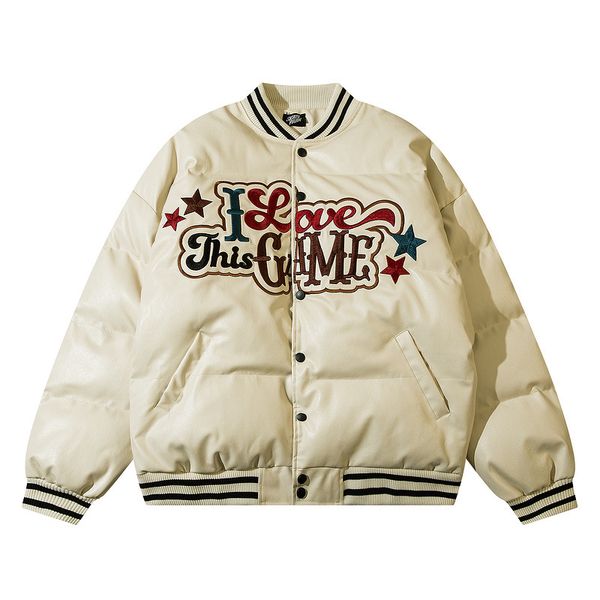Winter Leather Baseball Bomber Jacket Down Parkas Streetwear Men Harajuku Embroidery Thicken Warm Padded Bubble Varsity Puffer Coats