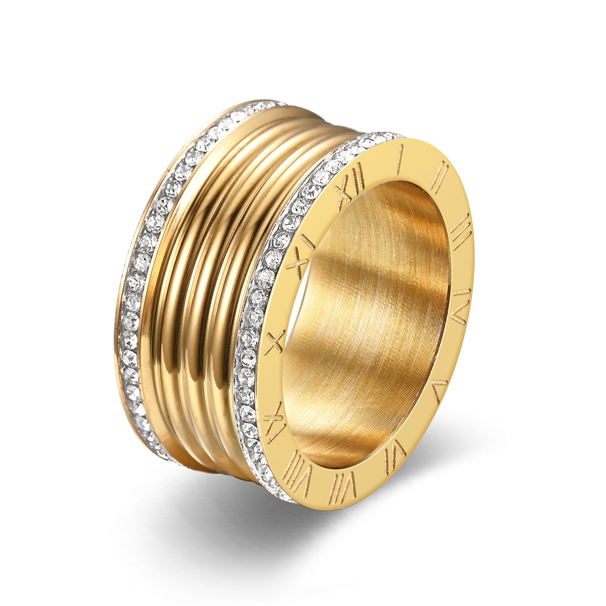 Europe and the United States popular double rows full of diamonds ring extra wide Roman numerals stainless steel ladies finger ring jewellery produc