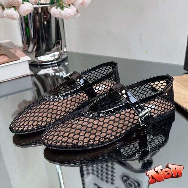 New Women Ballet Flat Shoes Mesh Hollow Outs Mary Shoes Genuine Leather Loafers Rivet Studded Summer Walking Shoes Woman womandress c1