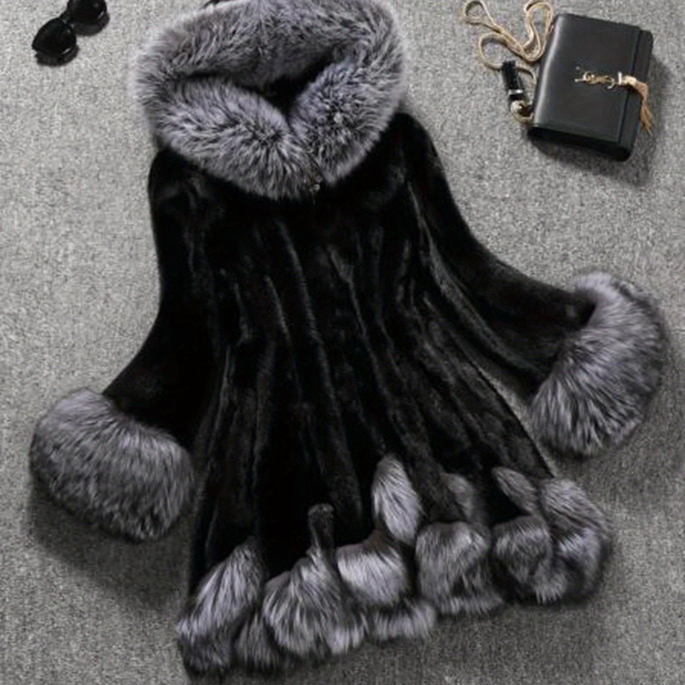 TEMU Women's Winter Full-length Cardigan Coat - A-line Turtleneck Collar With Black-brown-beige-white-grey -like Trim (no ), Machine Washable Long