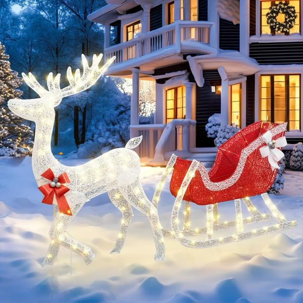 Christmas decoration reindeer and sled set outdoor courtyard with lights white reindeerred 215 LED 241007
