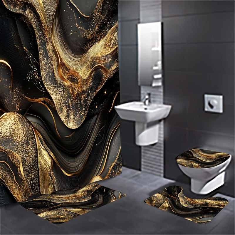 TEMU 1-4pcs Black Patterned Shower Curtain Set, Including Waterproof Shower Curtain, Non Slip Floor Mat, Toilet Seat Cover, And U-shaped Mat Shower