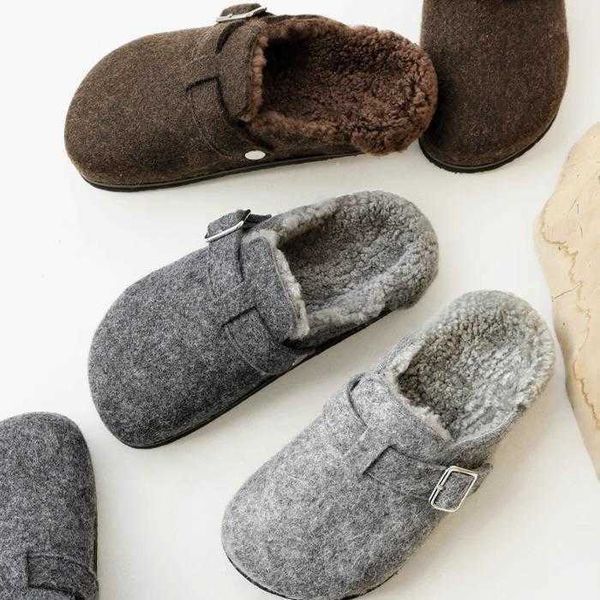 sandals slides clogs Hairy for womens outdoor wear new versatile thick soled Boken cotton shoes winter wool integrated anti slip toe half sl