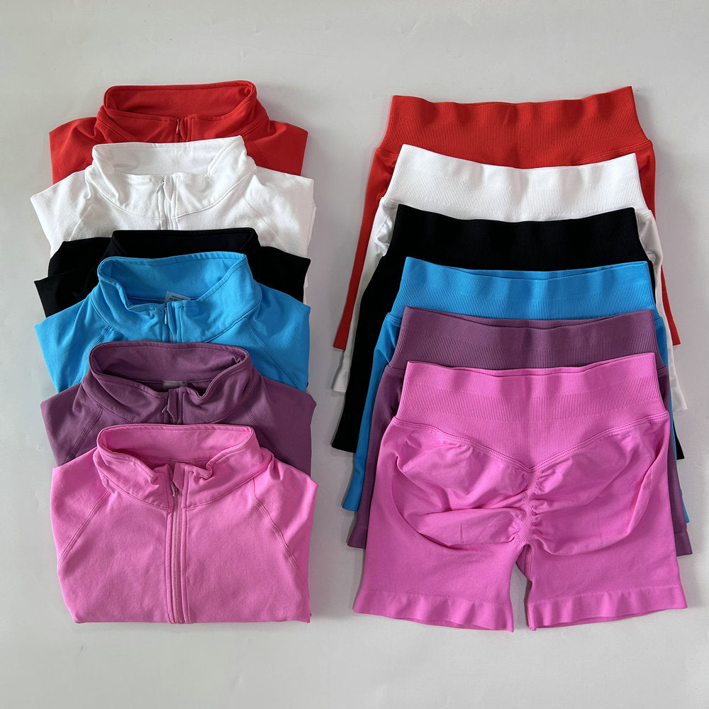 2pcs Sport Sets Long Sleeve Jacket Yoga Top With Half Zip Coat Women Push Up Shorts Fiess Suits Seamless Running Workout Set Clothing Activewear