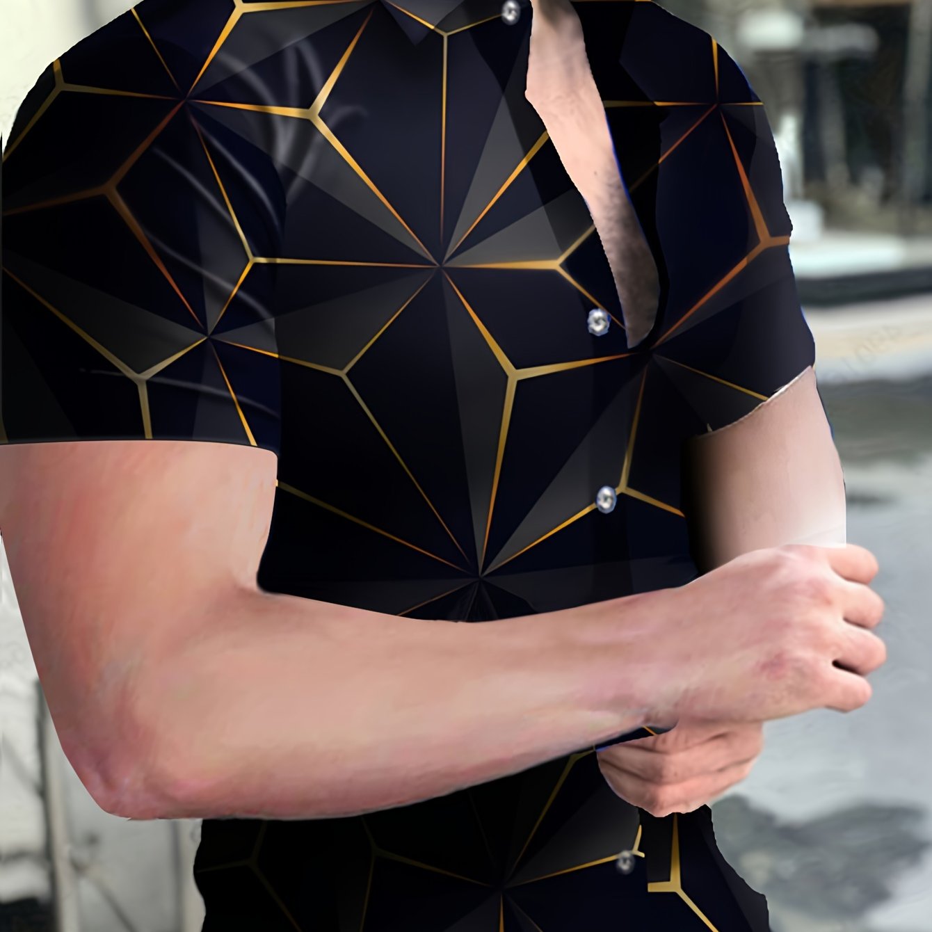 TEMU [spring Fashion] Men's Casual Streetwear 3d Geometric Pattern Short Sleeve Shirt - Polyester, Button-up With Chest Pocket, Machine Washable,