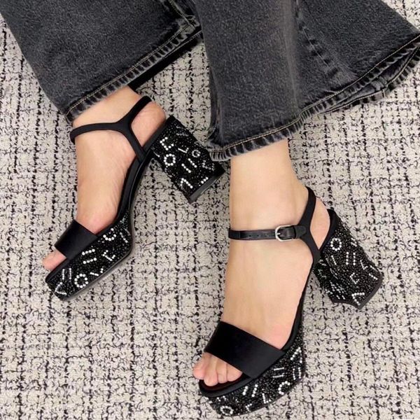 women&#039;s Chunky Block Platform Sandals Heel diamond decoration buckle Open Toes women&#039;s luxury designers leather outsole evening pa