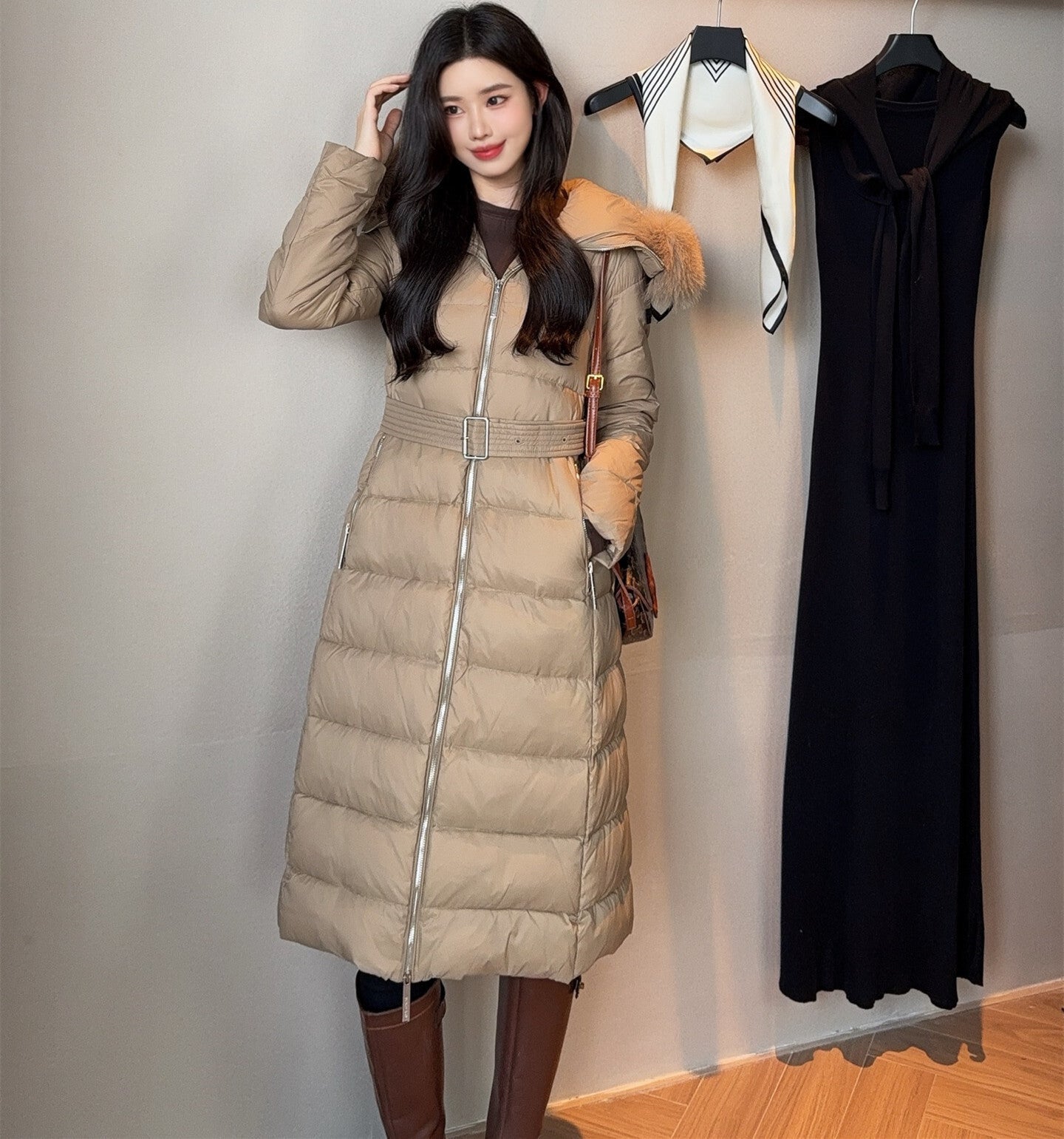 Womens Luxury Mid Long Down Jacket Lightweight Warm Slim Fit Fashion Stylish Elegant Outerwear Natural White Goose Down Filling High Quality Winter