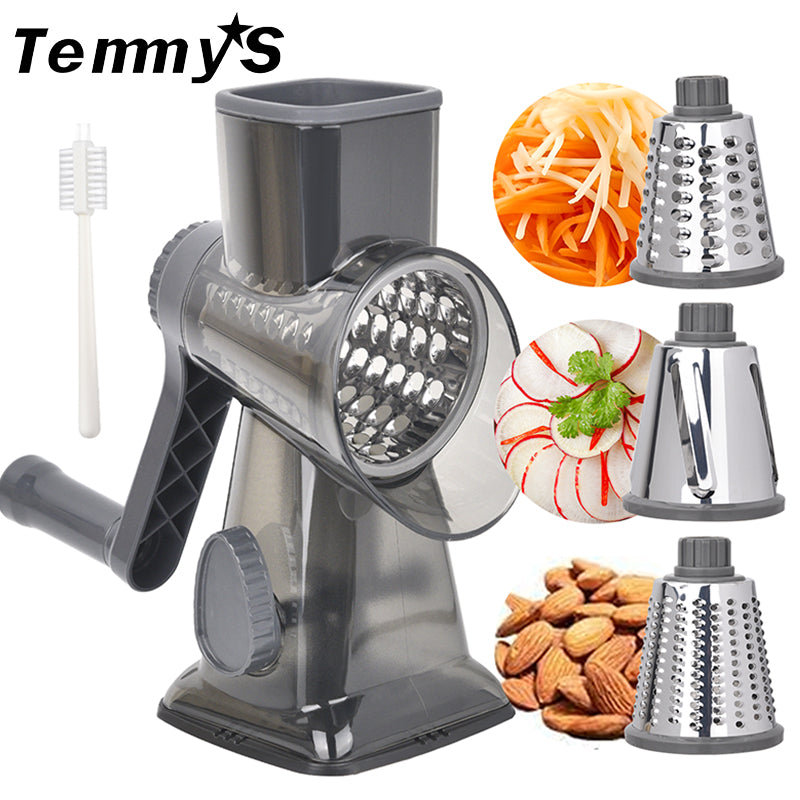 3-Blade Rotary Cheese Grater with Handle - Efficiently Shred Slice and Grate Cheese Vegetables Fruits and Nuts - Manual Operation Kitchen tools
