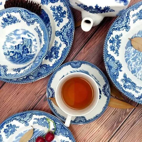 Palace Blue Castle Glaze In Color Ceramic Plate American Classic Painted Coffee Cup with Tray Afternoon Tea Cake Dessert Plates X250129