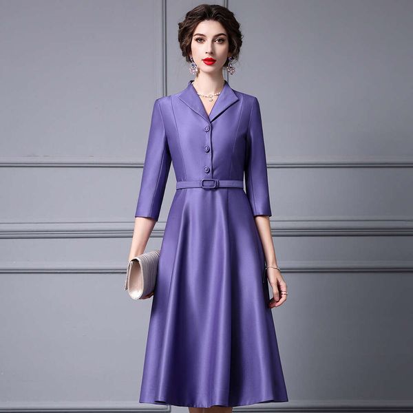 Smart Purple Mature Charm Big Swing for Spring Summer 2024 with Three Quarter Sleeves Waist Cinching Revealing A Slim and Small Lapel Dress