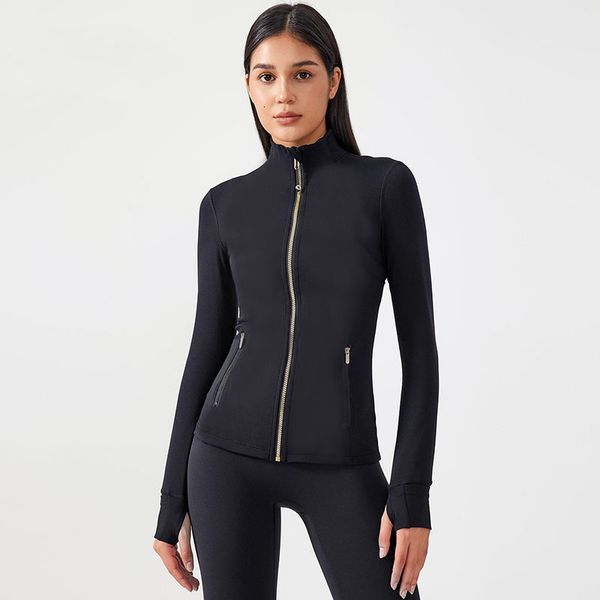 Stretch Gold Zipper Yoga Jacket Stand Up Collar Yogo Clothes Long-Sleeve Thumb Hole Training Running Sweateshirt Women Slim Fitness Coat Spo