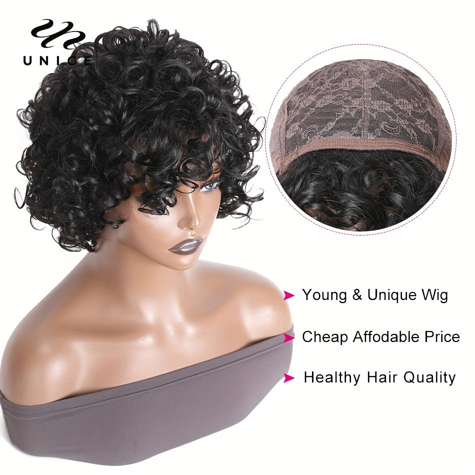 TEMU Unice Hair Short Loose Curly Wigs Brazilian Hair Bouncy Waves Cut Wig Fluffy Bob Wig For Women Human Hair Wigs