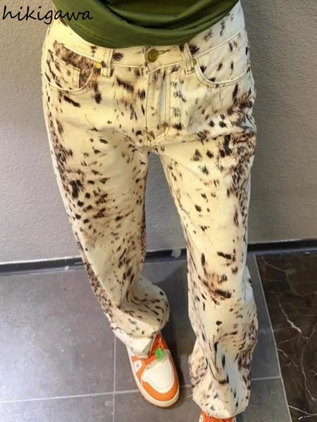 2024 Bottoms Summer Women Jeans Vintage Streetwear Y2k Wide Leg Pants High Waist Casual Leopard Straight Denim Trousers 240724