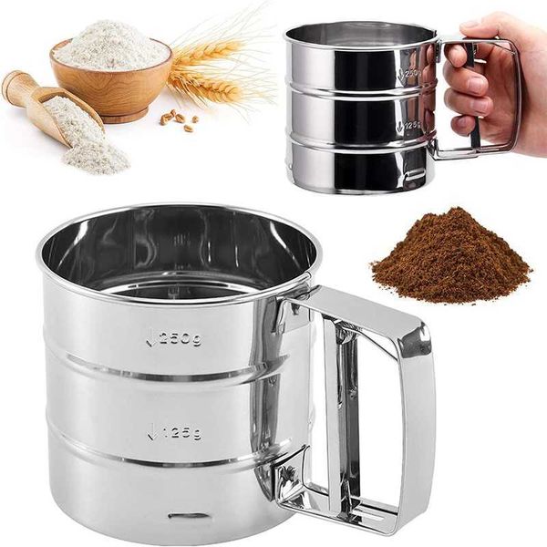 Stainless steel flour sieve cup manual vibrating sieve cup used for baking coffee with one hand press flour sieve cake tool with scale X2409